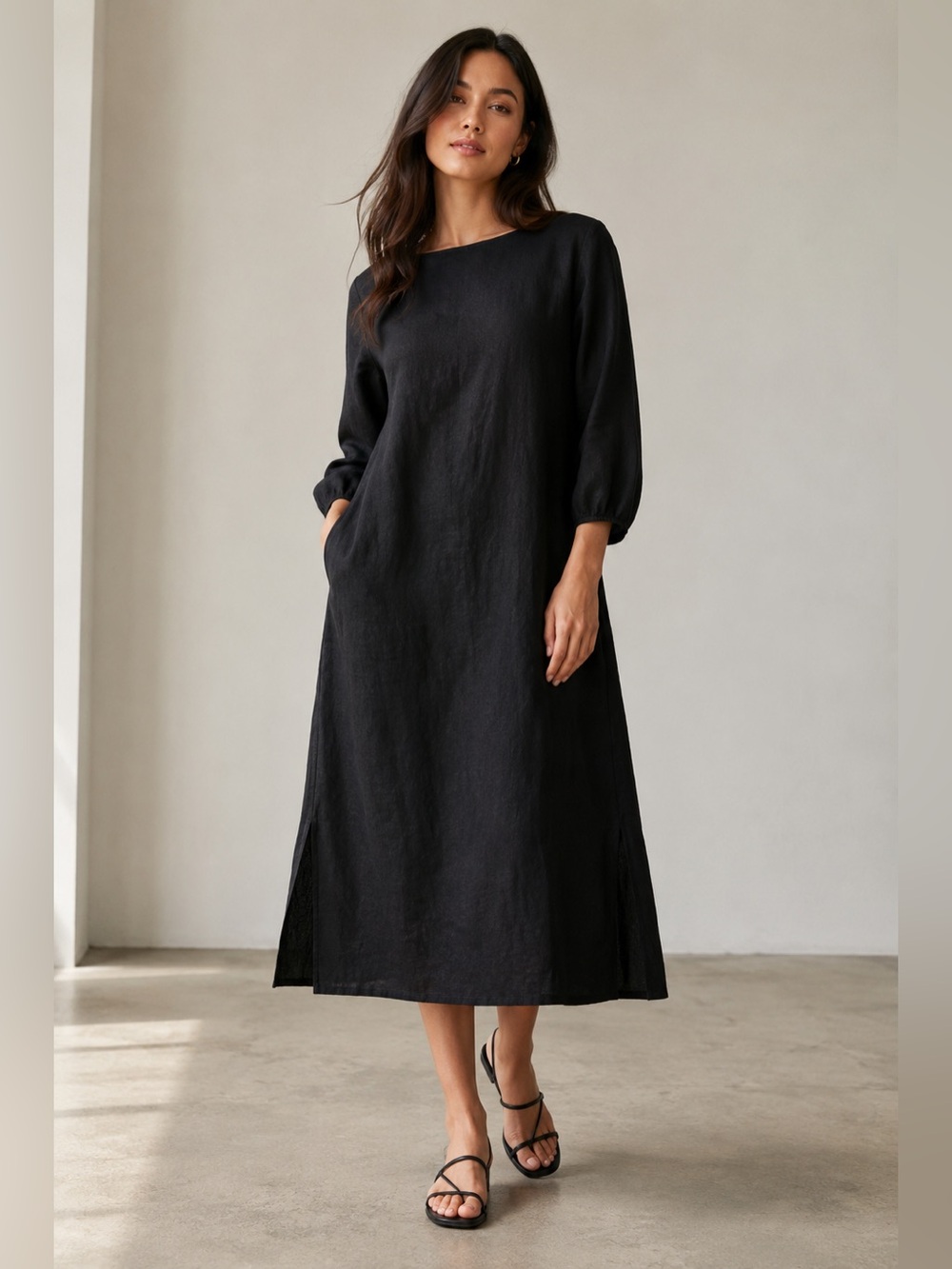 Everlane Black European Flax Linen Midi Dress Size 4 Minimalist Pockets
